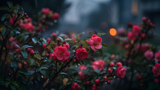 Un arbusto de flores con flores rojas bajo la lluvia.