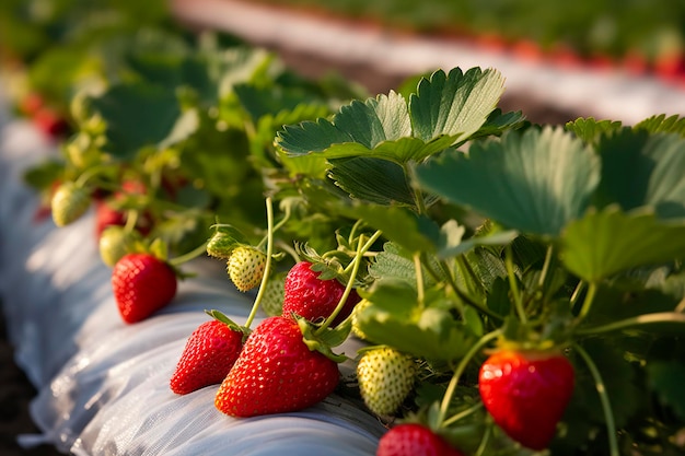 arbusto de fresas orgánicas maduras en el jardín de bayas de primer plano IA generativa