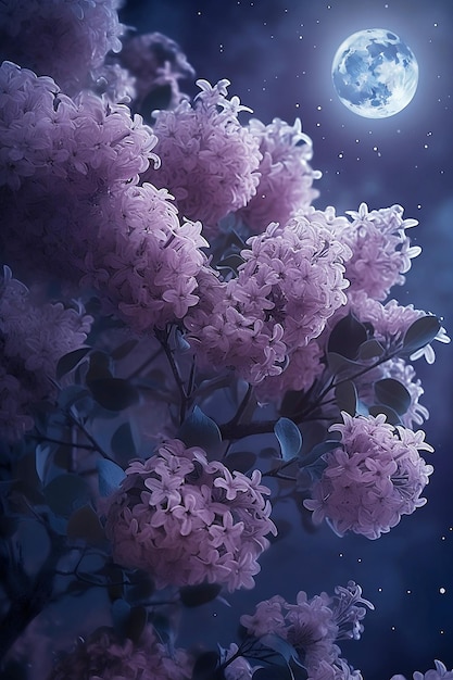 Arbusto lila floreciente en la noche de luna llena