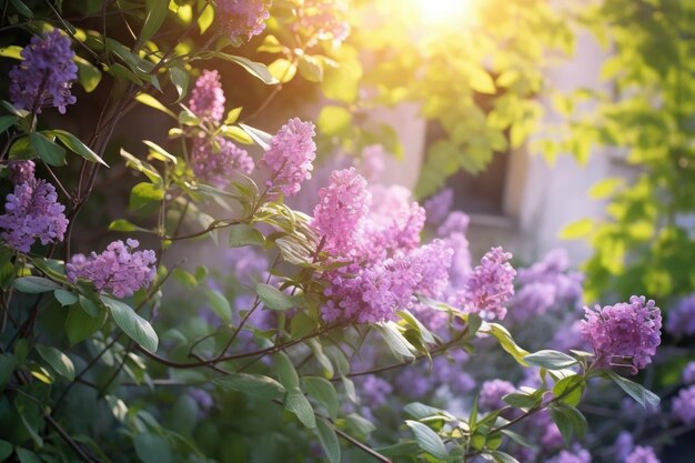 Arbusto lila iluminado por el sol contra un fondo de jardín de enfoque suave creado con ai generativo