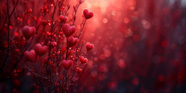 arbusto rojo con corazones en las ramas estilo día de San Valentín