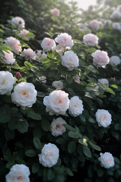 Un arbusto de rosas blancas con flores rosas.