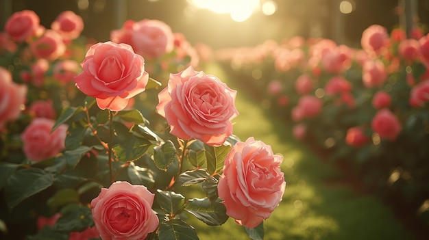 Un arbusto de rosas en un jardín que muestra la belleza organizada de un jardín de rosas AI genera ilustración