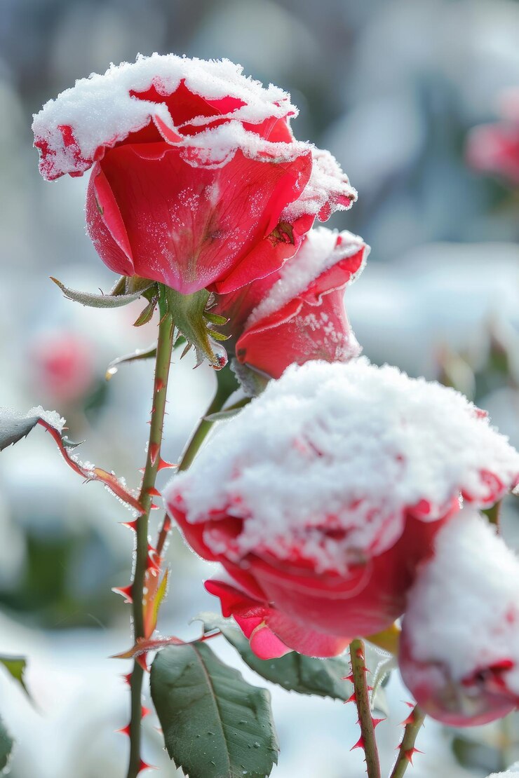 un arbusto de rosas rojas cubierto de nieve con nieve