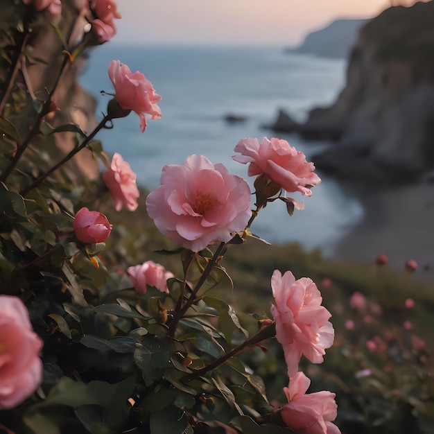 un arbusto de rosas rosas con el océano en el fondo