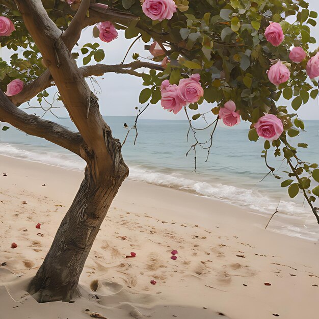 un arbusto de rosas rosas se sienta en la playa