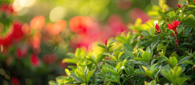 Foto arbusto verde con un telón de fondo de flores rojas