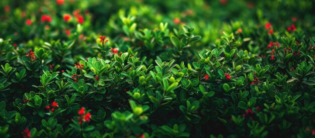 Foto arbusto verde con un telón de fondo de flores rojas