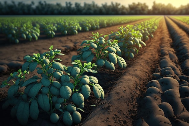 Arbustos de batatas em um campo, um tipo inicial de agricultura ecológica