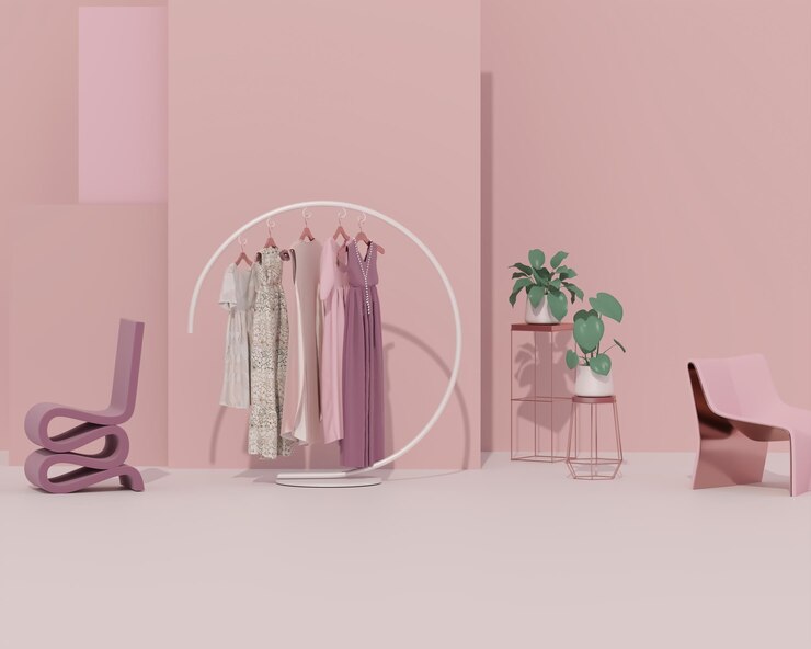 Foto arc shape wrought coat rack hanger stand em cores rosa pastel poltrona em fundo rosa criativo