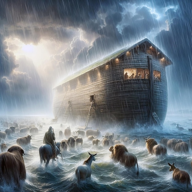 Arca de Noé em meio à chuva durante o dilúvio com animais