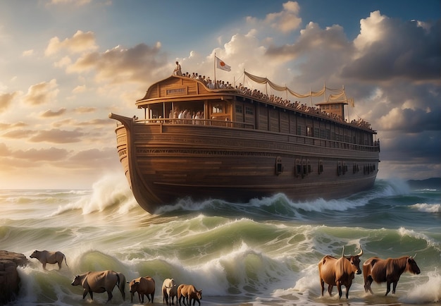 Foto el arca de noé un enorme barco de madera antiguo flotando en el mar