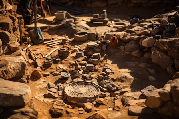 Foto archäologische ausgrabungsstätte mit alten relikten, die aus der erde auftauchen generative ki