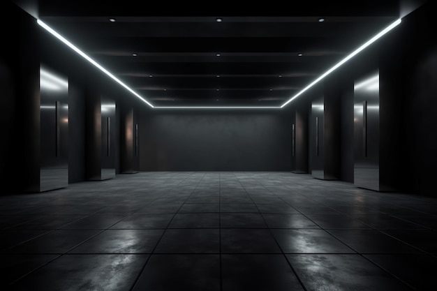 Arche-Hintergrund Leerer Raum mit Einbauleuchten auf einem reflektierenden Betonboden generative KI