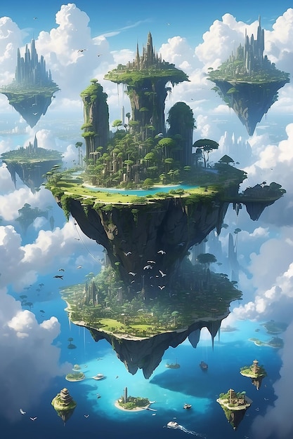 Un archipiélago flotante de islas del cielo cada una con su propio ecosistema único