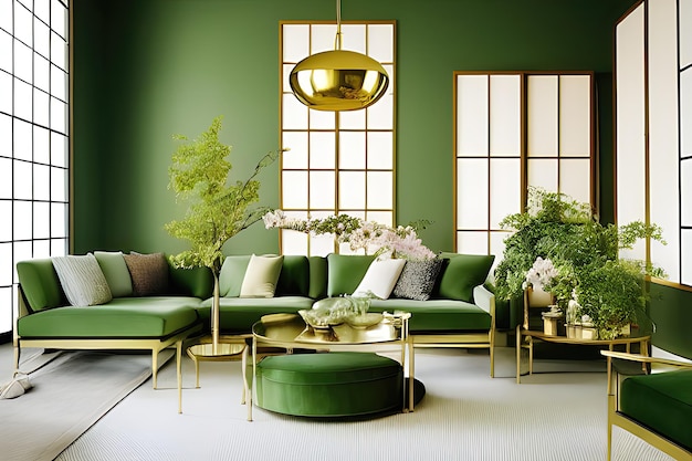 Architectural Digest Foto eines Wohnzimmers im japanischen und skandinavischen Designstil mit goldenem Licht