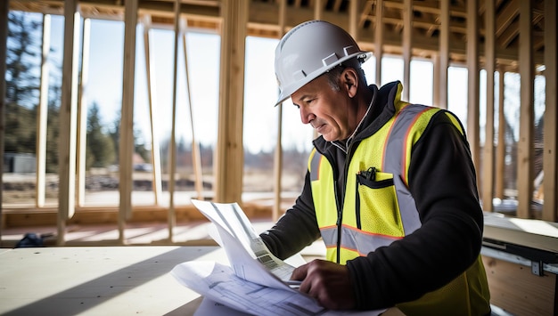 Architekt arbeitet an einem Bauplan auf einer Baustelle. Architekturkonzept