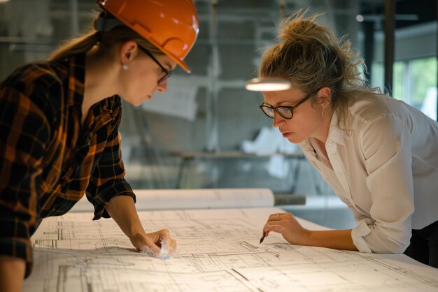 Foto architekt bei der arbeit vor einem bauplan