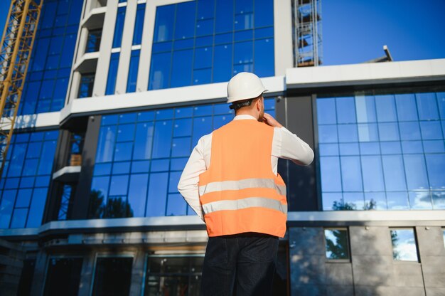 Architekt im Helm beim Neubau