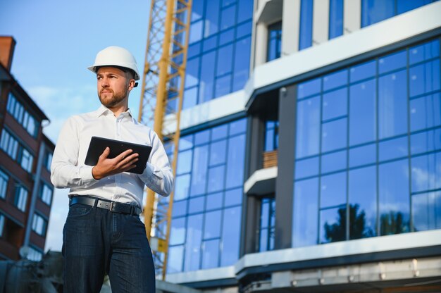 Architekt mit Helm, der etwas in der Nähe eines neuen Gebäudes schreibt