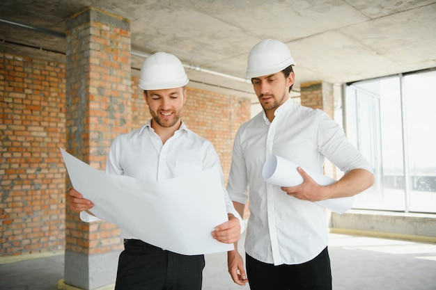 Architekt mit zwei jungen Männern auf einer Hochbausite