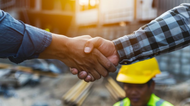 Architekt und Ingenieur, Bauarbeiter, die sich beim Arbeiten auf einer Baustelle im Freien die Hand schütteln.