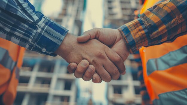 Architekt und Ingenieur, Bauarbeiter, die sich beim Arbeiten auf einer Baustelle im Freien die Hand schütteln.