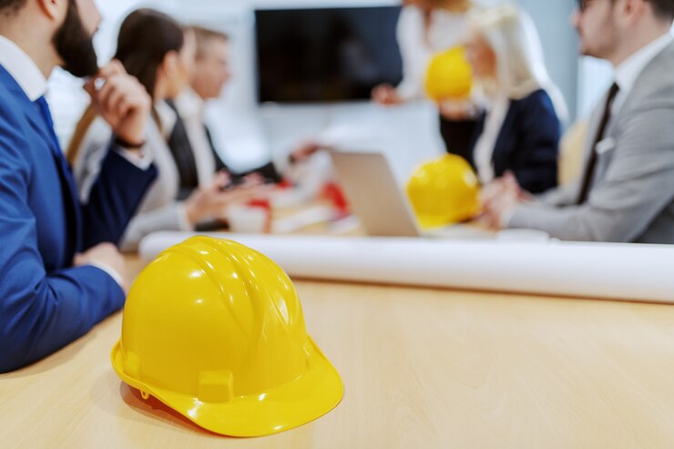 Foto architekten treffen sich im sitzungssaal. selektiver fokus auf gelbem helm.