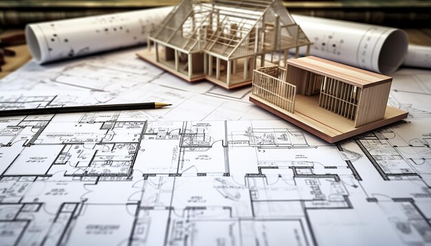 Foto architektenrollen und architektonische plantechnische projektzeichnungen