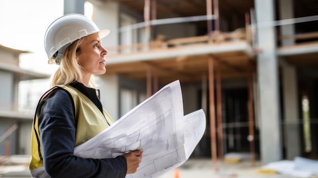 Architektin mit Hut, die Blaupausen auf der Baustelle überprüft