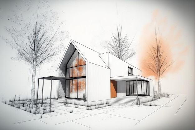 Architektonisch einfache Linienzeichnung eines Einfamilienhauses