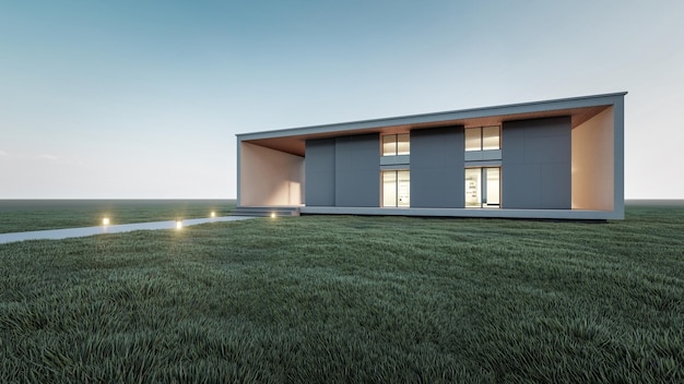 Architektonische 3D-Rendering-Illustration eines modernen Minimalhauses mit natürlicher Landschaft, Gehweg