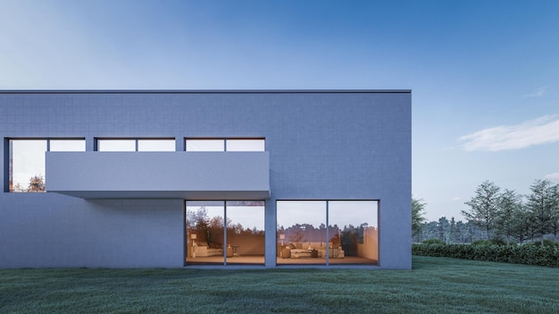 Architektonische 3D-Rendering-Illustration eines modernen Minimalhauses mit natürlicher Landschaft