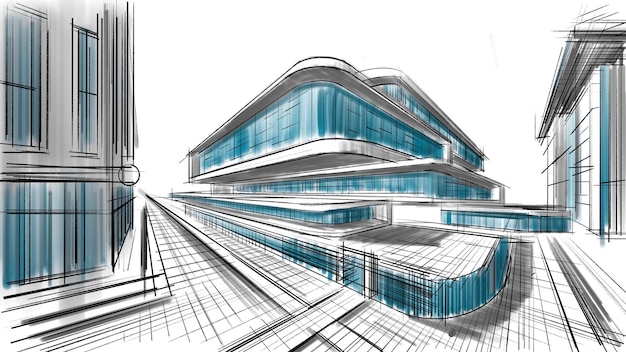 Architektonische abstrakte Skizze eines Gebäudekomplexes.