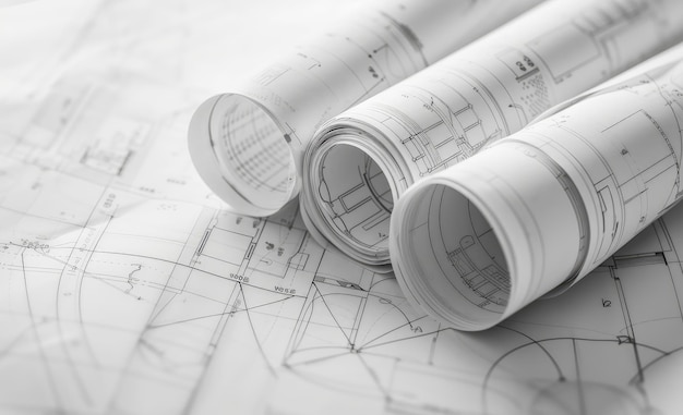 Architektonische Pläne und Rollpläne auf dem Schreibtisch