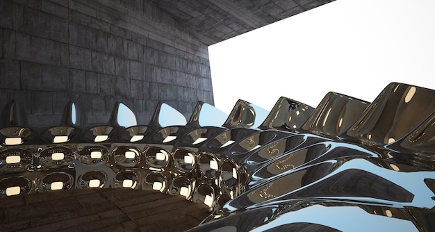 Architektonischer Hintergrund Abstrakter Betoninnenraum mit glatten Kupfer-Chrom-Scheiben 3D