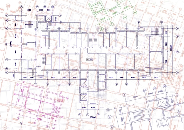 Architektonischer Hintergrund mit technischen Zeichnungen. Blaupausen-Reihe. Textur des Lageplans. Hausplan, Zeichnung, Teil des Architekturprojekts.