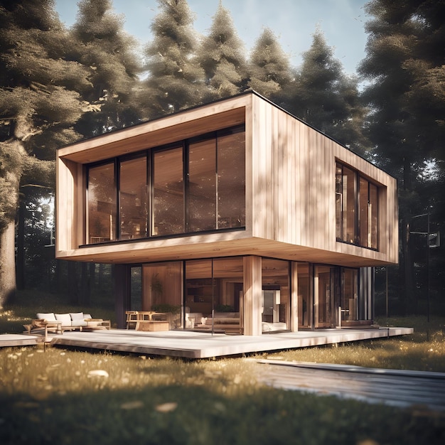 Architektonisches Wunder Eine 3D-Visualisierung einer luxuriösen Villa aus Holz und Stein mit einem ruhigen Pool