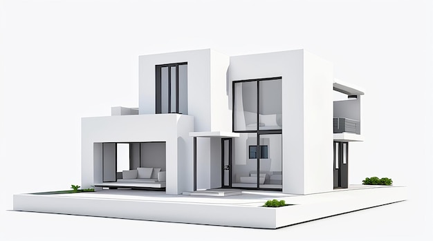 Architektur 3D-Darstellung des modernen Minimalhauses auf weißem Hintergrund