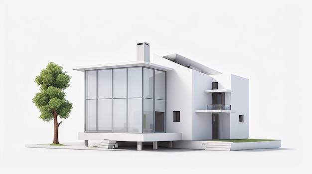 Architektur 3D-Darstellung des modernen Minimalhauses auf weißem Hintergrund