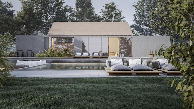 Architektur 3D-Darstellung eines minimalen Hauses mit Blick auf Gehweg und Rasen