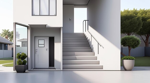 Architektur 3D-Darstellung eines minimalistischen modernen Hauses mit Treppe an der Eingangstür