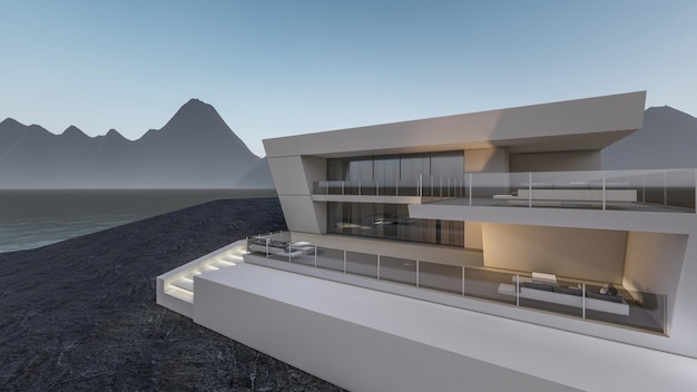 Architektur 3D-Darstellung eines modernen Minimalhauses mit natürlicher Landschaft