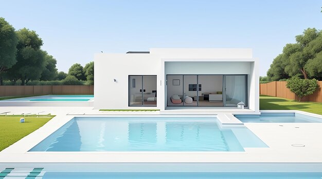 Architektur 3D-Rendering-Illustration eines minimalen Hauses mit Swimmingpool-Hotelresort