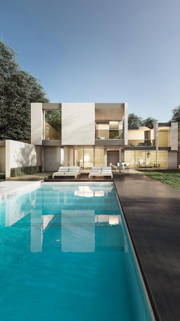 Architektur 3D-Rendering-Illustration eines minimalen Hauses mit Swimmingpool