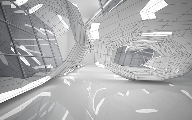 Architekturhintergrund der abstrakten Zeichnung. Weißes Interieur mit Scheiben und Neonbeleuchtung. 3D