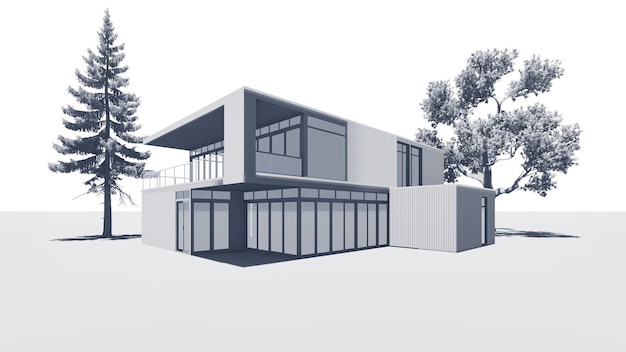 Architekturmodell. BIM-Modell eines modernen Hauses, weißer Hintergrund. 3D-Rendering.