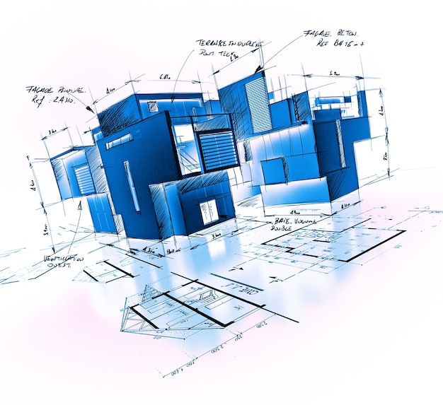 Architekturprojekt mit Notizen und Schriften in Blautönen