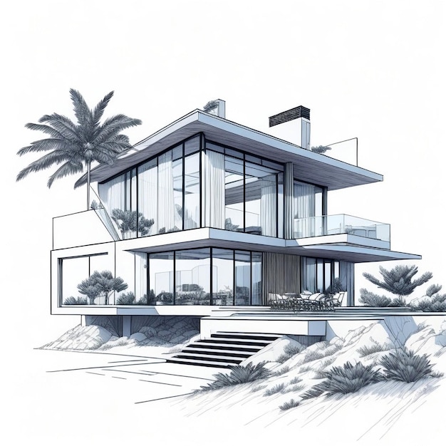 Architekturskizze einer modernen Villa