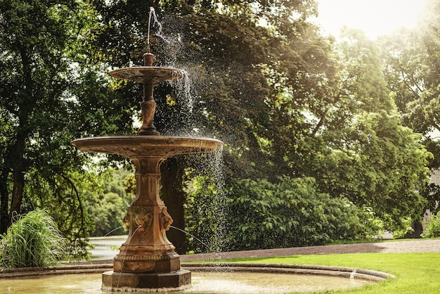 Archivalischer und historischer Brunnen im Park auf einem Hintergrund von grünen Bäumen an einem sonnigen Tag Vintage-Effekt